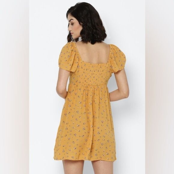 AMERICAN EAGLE WOMEN YELLOW RUCHED FLUTTER-SLEEVE MINI DRESS SMALL #718 - Picture 7 of 9
